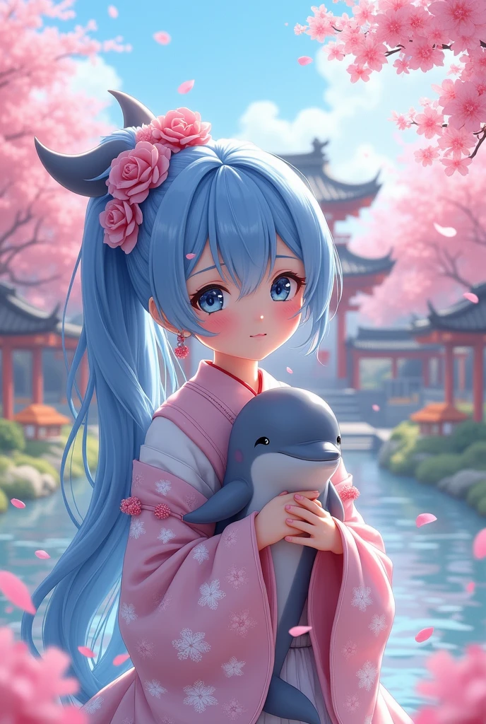 blue haired anime girl with dolphin in pink and white kimono. around cerecos and in the background an anime temple