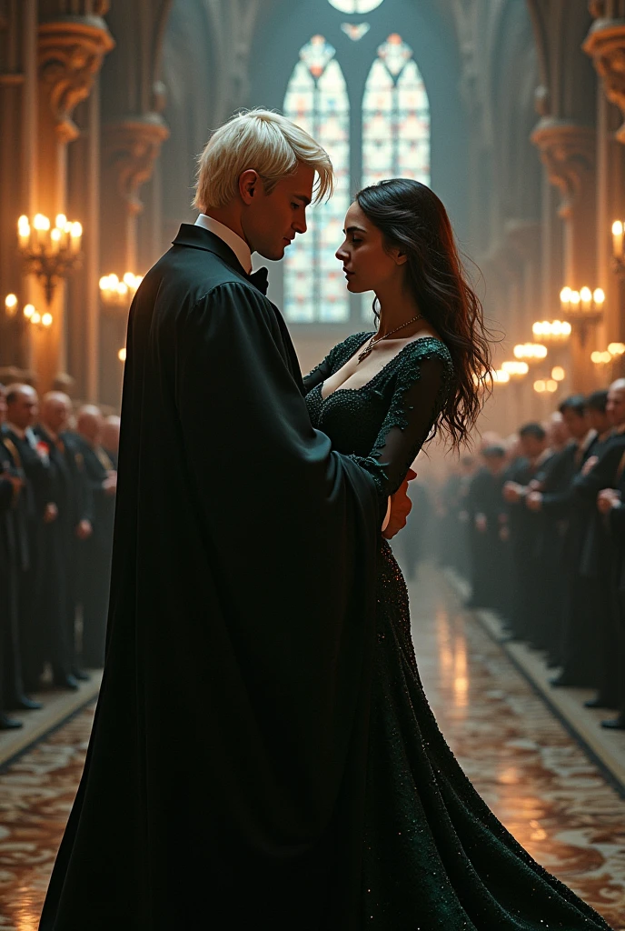Harry Potter dancing with Draco Malfoy at the Yule Ball.