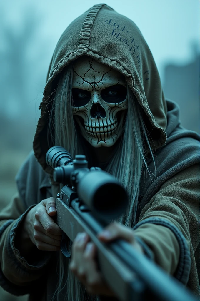 A dark, post-apocalyptic scene featuring a close-up of a mysterious Woman figure wearing a cracked, skull-like mask with intricate patterns. The figure has long, silver hair flowing out from beneath a tattered hood that partially obscures their face. The hood is made from weathered, torn fabric with faded, cryptic writing on it. The lighting is low, with a moody, bluish hue that casts dramatic shadows across the subject's face, emphasizing the texture of the mask and the cracks in the skin. The figure is holding a sniper rifle, visible in the lower half of the image, with a weathered, gritty appearance. The angle of the shot is slightly below eye level, capturing the figure in a three-quarter view, with a background filled with swirling fog and hints of ruined structures. The overall atmosphere is eerie and intense, evoking a sense of tension and mystery. 20km distance