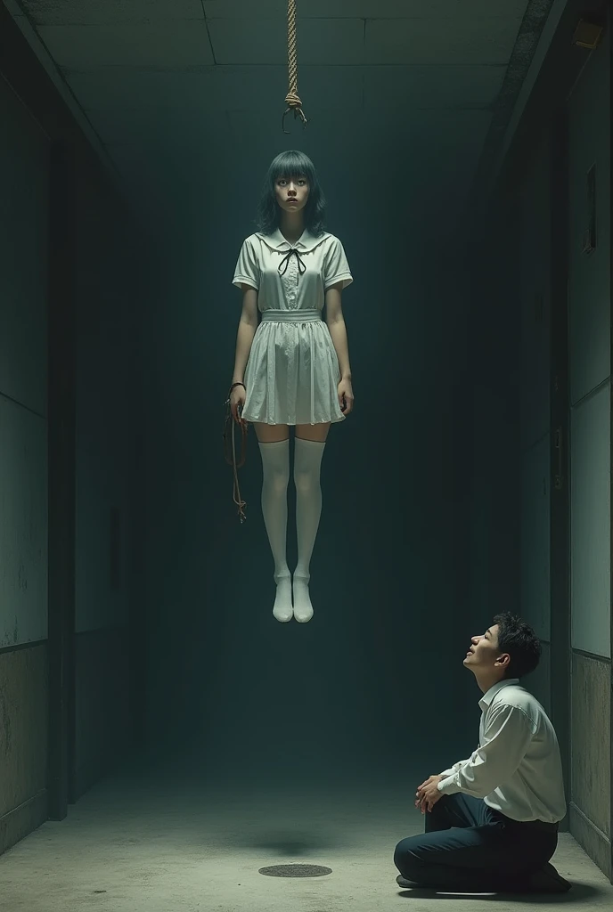 girl scene in white thigh high socks , is being hanged ,hovering in the air , a man sitting on the ground in panic 