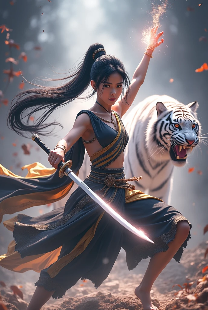 A beautiful young woman, in an ancient black Dusit Thai costume, wearing a black and gold sarong, long black hair, long swordplay, separated by every fierce attack, covered with thick fog that obscures the view, revealing a vivid and surreal scene, the blade's s-cut stands out against the blurred background., Mysterious background, the sharp eyes of a large white tiger with long fangs, written behind the young woman, meeting the audience's eyes.., A thick layer of fog covers the landscape, piercing, clear eyes, incredible light and color.