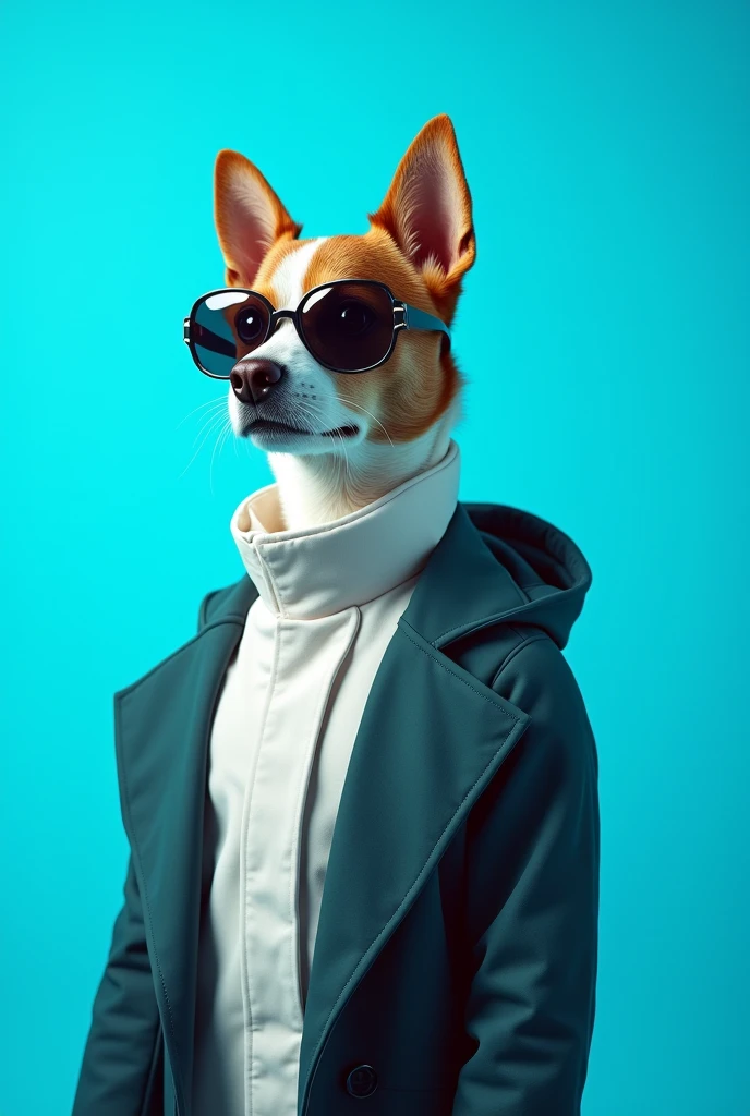 The best cell phone wallpaper, Award-Winning Wallpaper, portrait photography, In the front view is a portrait of a cute dog wearing mid-1960s space age fashion, Side view photo, Shot with Canon EOS R5, Set a strong contrast that accentuates the subject, Fluorescent blue tone, Wearing a very modern coat and sunglasses is a modern 1960s style, Clothes all in one color, beautiful background