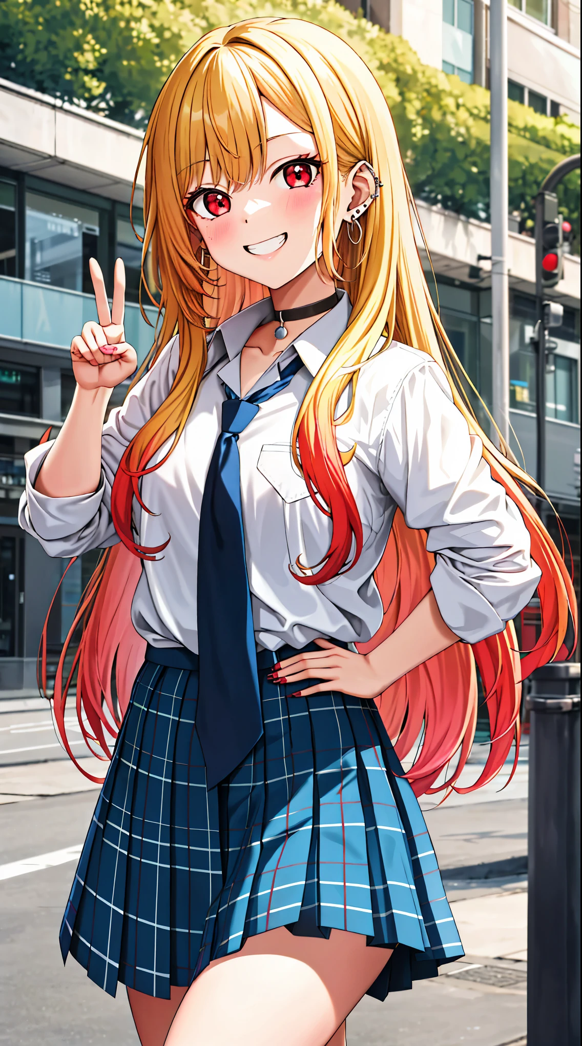 masterpiece, best quality, highres, kitagawa marin, 1girl, blonde hair, long hair, multicolored hair, red eyes, jewelry, earrings, piercing, school uniform, white shirt, tied shirt, black choker, blue necktie,((( blue plaid skirt))), leaning forward, grin, peace sign