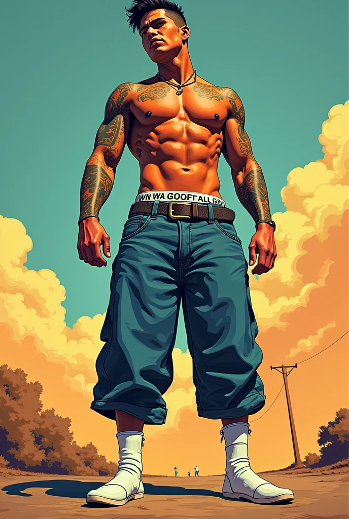 Cholo attire, mexican gang, 1guy,((( baggy jeans short ))), white socks, No tattoos, American Superhero Comic-style