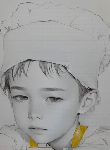 Picture of a boy with his hand on his chin, Close-up portrait, Realism drawing, Medium close-up portrait, a Pencil sketch, Realistic sketch, Realistic Portrait, Detailed Face Portrait, Pencil sketch, Realistic Face and details, Caucasian face sketch, pencil on paper, Photo of your face, Close up face portrait, Realistic Face, Face Sketch, Portraiture: Chef costume、She's helping me with the cooking.、Create a cute 。Eyes facing downwards、Please generate it with the stitches hidden.。