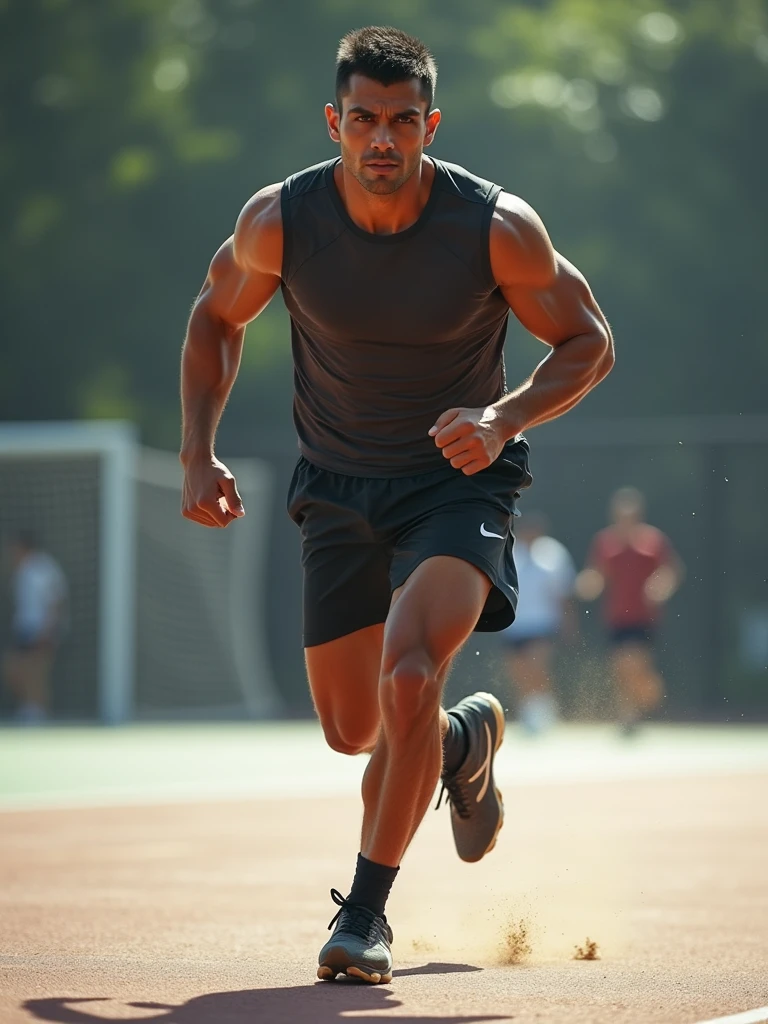 Capture the Malay man in athletic attire, mid-action during a sports activity like running, playing soccer, or shooting hoops. His pose should convey energy and athleticism, with a focus on movement and determination.