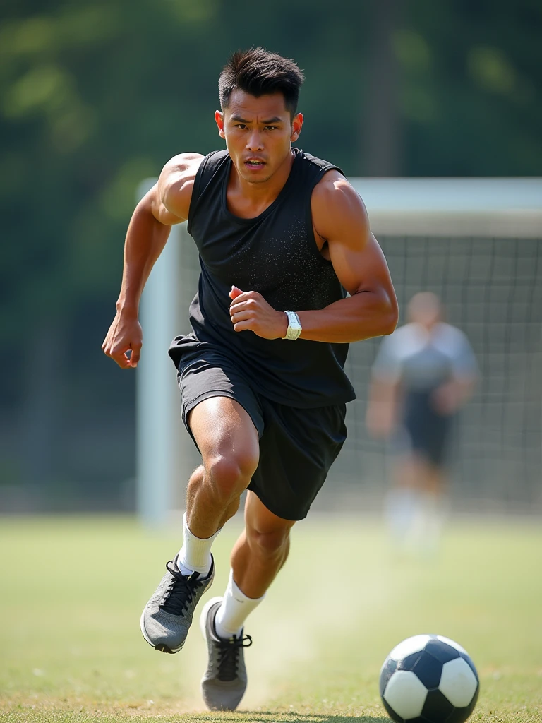 Capture the Malay man in athletic attire, mid-action during a sports activity like running, playing soccer, or shooting hoops. His pose should convey energy and athleticism, with a focus on movement and determination.