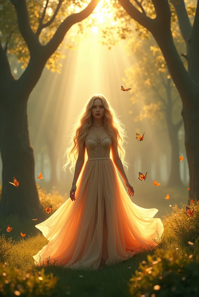 a magical girl in an enchanted forest, long flowing hair, beautiful detailed eyes, beautiful detailed lips, extremely detailed face, longeyelashes, wearing a flowing dress, standing in a sunlit clearing surrounded by towering trees, butterflies in the air, shafts of golden light, (best quality,4k,8k,highres,masterpiece:1.2),ultra-detailed,(realistic,photorealistic,photo-realistic:1.37),fantasy,concept art,vibrant colors,dramatic lighting