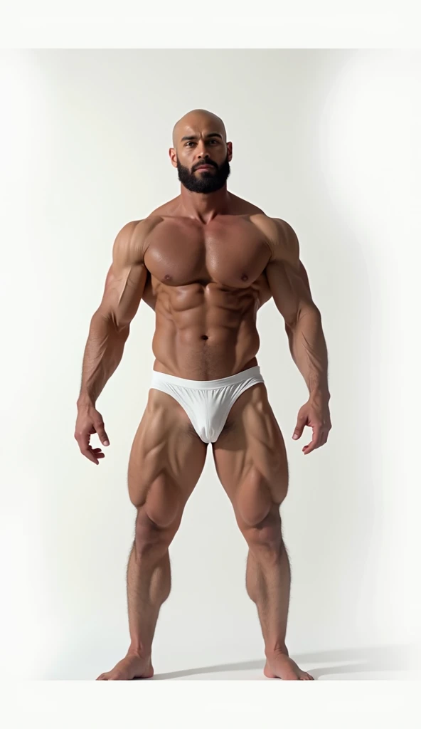 Ultra-realistic, hyper-detailed 8K photograph of a confident, muscular 4 Spanish man with a powerful build and perfectly shaved head, standing proudly in the center of the frame. The man has a sensually desirous expression, with arms relaxed and hands hanging naturally by his sides, showing a harmonious physique. He is completely naked except for a shiny bubblegum pink patent leather jockstrap with a sleek, sexy design that subtly reveals an impressive XXXL bulge, emphasizing his massive attributes. The lighting is expertly balanced to ensure that the entire face is evenly illuminated, allowing every detail of his strong, masculine features to be seen clearly, with no shadows obscuring the facial details. The lighting also enhances the contours and definition of his muscular form, while ensuring the entire body is visible with a slight margin around the edges, not touching the image border. The background is a solid, neutral color ideal for a photoshoot, making it easy to remove for a transparent effect later. The image composition follows the golden ratio, capturing the man's masculine beauty and attractive pose with a perfect face, flawless hands, and eyes that convey intensity. Shot with a Nikon D750f / 1.4 55mm, physically based rendering, and a masterful finish for the ultimate in visual quality. Ful_Body, Full_Body (Masterpiece) (Best Quality) (Extremely Detailed) (Photorealistic) (Full Body) (Perfect Composition) (Wide Shoulders) (Attractive Male) (Detailed Chest Muscles with Hair) (Golden Ratio) (Balanced Professional Lighting) (Even Illumination) (Sharp Focus) (Realistic Skin Texture)