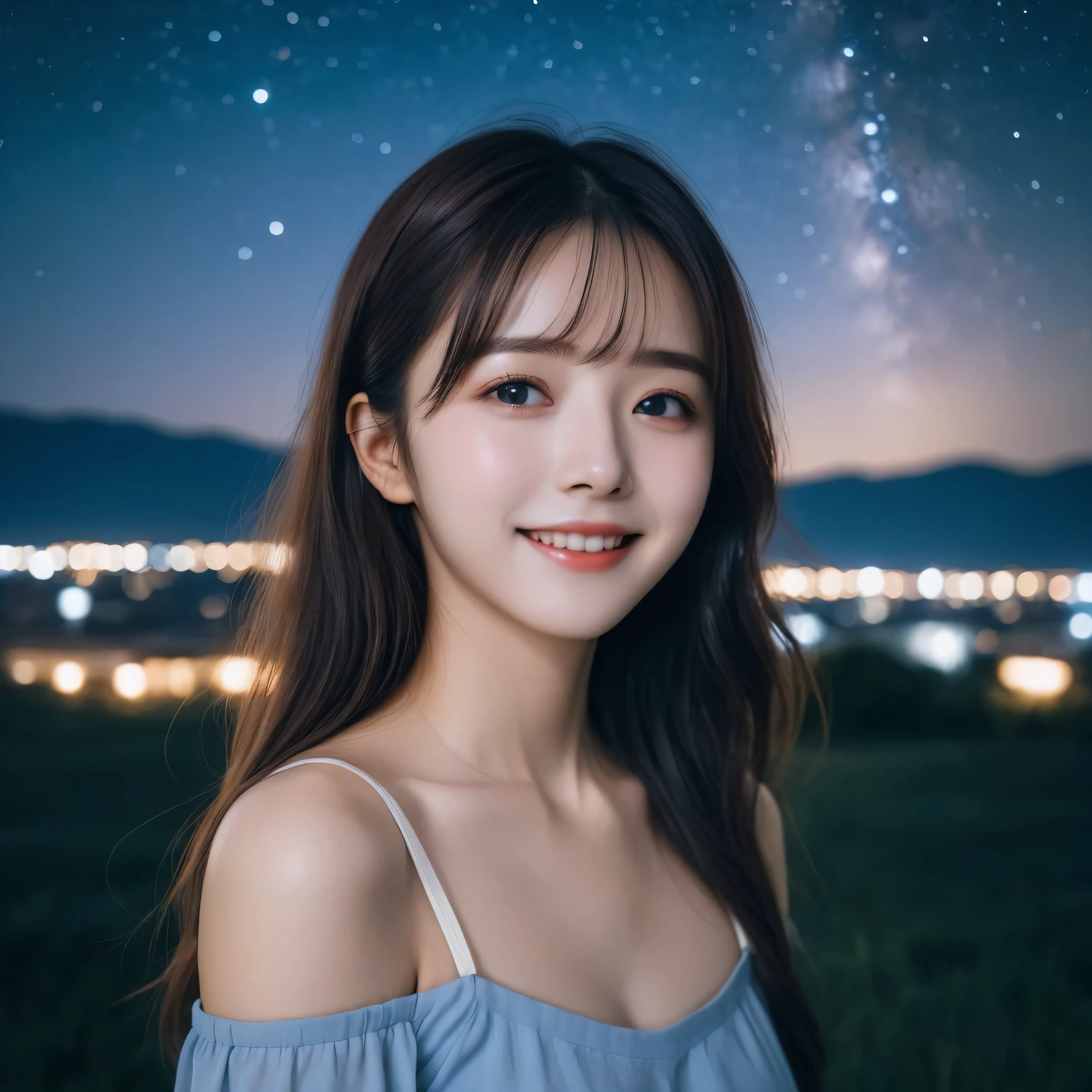 1 girl, Starry Sky,night, shooting star,Upper Body,close,smile,, (8k, RAW Photos, Highest quality, masterpiece:1.2),(Realistic, photo-Realistic:1.37),