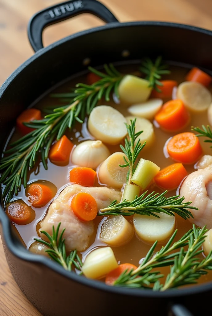 Home Made Chicken Stock

Ingredients:

500g leftover chicken bones or raw chicken carcass

1 garlic clove crushed 2 medium onions- chopped

3 sticks of celery chopped

2 medium leekschopped

2 large carrots- chopped

1 bay leaf

2 sprigs of fresh rosemary

2 sprigs of fresh parsley

2 sprigs of fresh thyme

5 whole black peppercorns

2 litres cold water

Fry light low calorie cooking spray