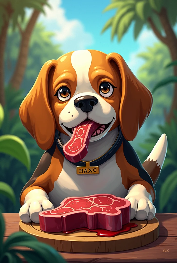 Un vieux gros beagle qui mange un steak. Avec un collier écrit haxo. En personnage de one piece.