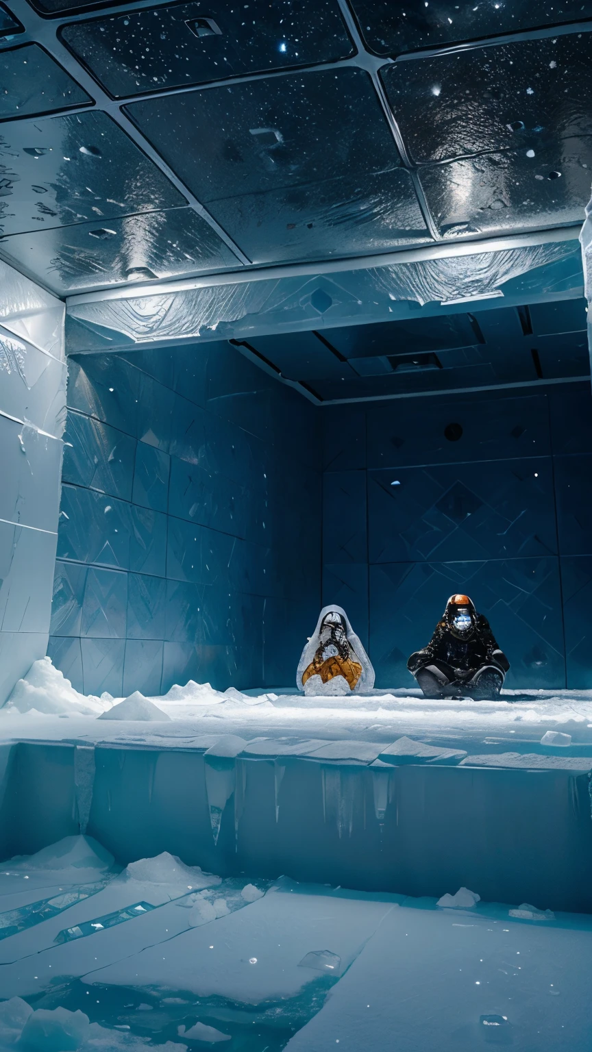 advanced society living in the middle of the ice, with crystal orbs flying over the city, hostile and cold environment, inhabitants with human bodies and titanium suits, led eyes, vestiges and symbols on the walls, people meditating, In the background there are giant ice walls, A constellation can be seen in the sky, avanced society antartic, more people 3 personas, muros de hielo, vaces de cristal