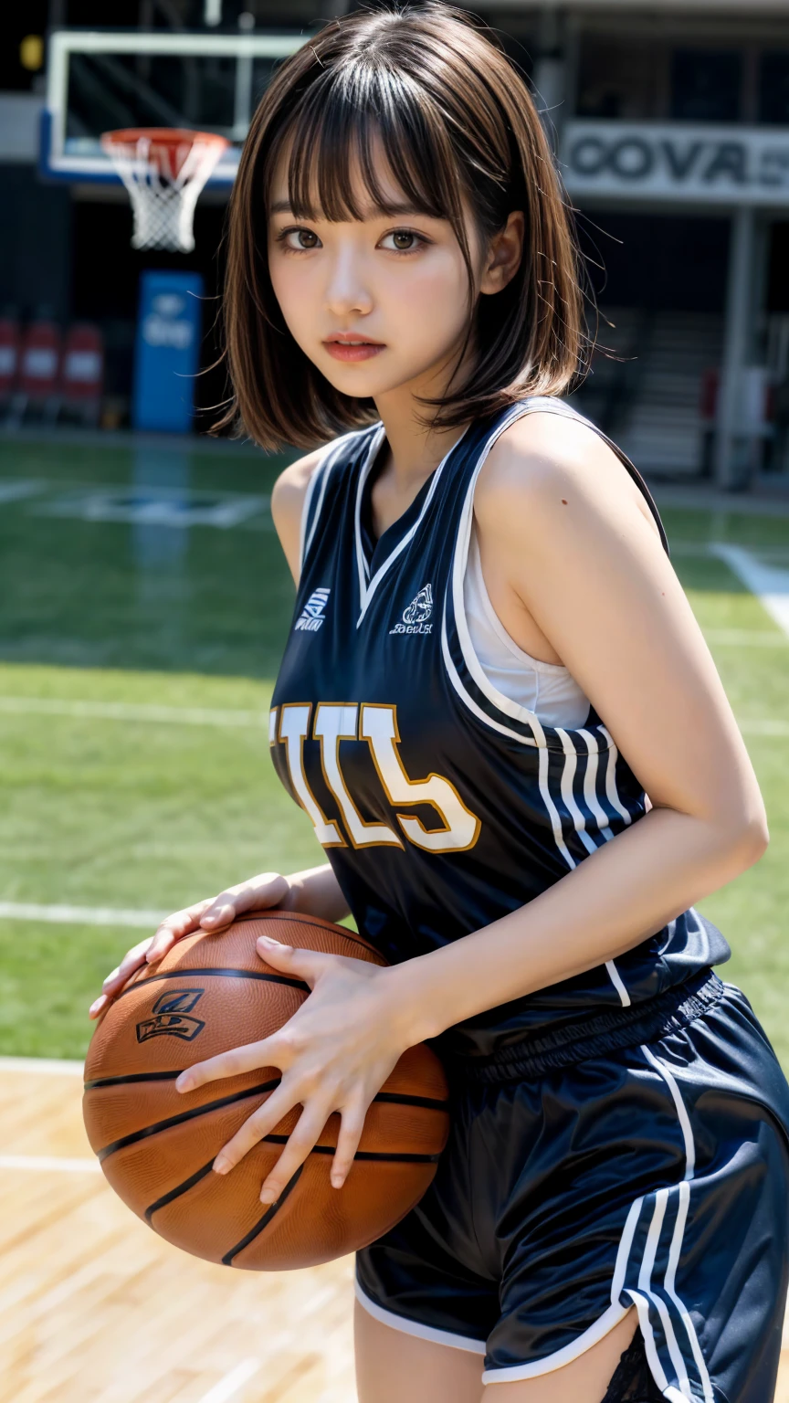 masterpiece, best quality, illustration, Super detailed, fine details, High resolution, 8K,wall paper, perfect dynamic composition,(Details High quality, realistic depiction of eyes:1.3),shiny basketball uniform,large breasts,short bob hair, black hair color, Big Natural Color Lip, bold sexy pose, crying a little、20 year old girl、cute type、beautiful legs, hposing Gravure Idol