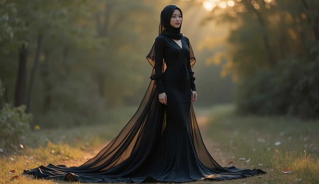 Asian woman wrapped in a transparent black cloth mimicking a mermaid gown with a striking long train, puff sleeve, the cloth clings tightly to her figure, incorporates a hijab, standing with poise, see through whole body, half naked, nipple on, dramatic lighting, volumetric textures, very long cloth, outdoor, ultra realistic, golden ratio.