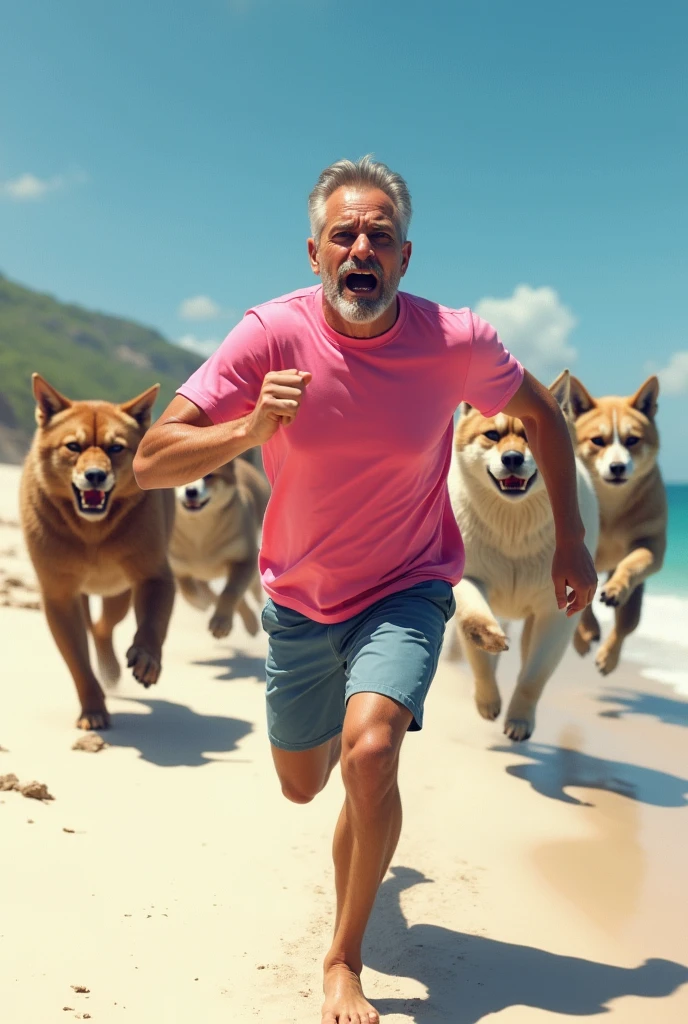 Man in pink t-shirt runs away in fear from army of furries on beach