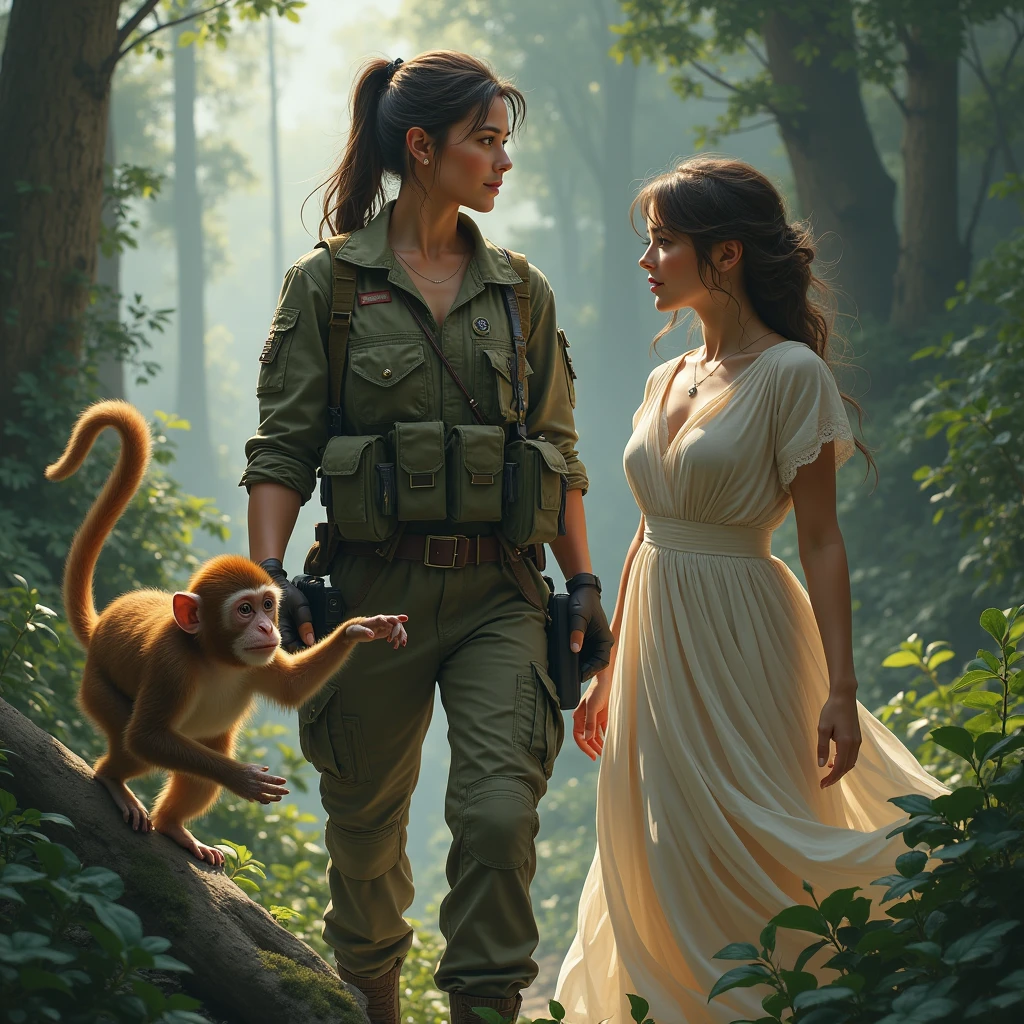 A wild female soldier, a  monkey and a beautiful girl