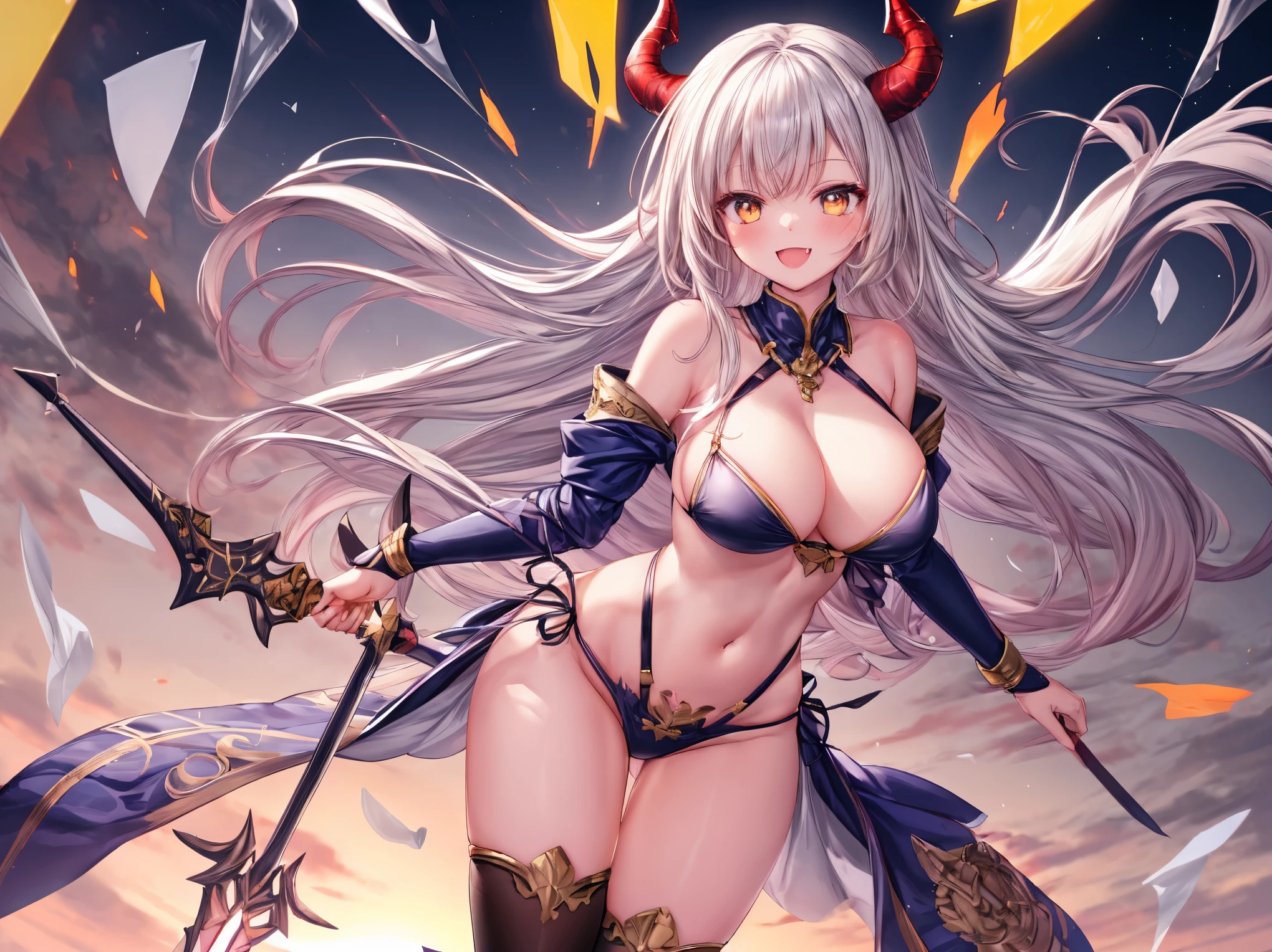 fantasy, 1devil_girl, low_, platina_blond_hair,long_bangs, bare_shoulder, navel out, thighhighs,silver_armor, red_Bikini,waist_armor, Glebe, hold_swords, large_tits, dynamic_floating_pose,Floating,(pelvic_curtain:1.3), silver_Headgear ,looking_down_at_sunrise_city_sky_background,,slightly_spread_legs,solo,horn ,smile,,open_legs,open_arms,rise_knee,rise_leg,rise_thigh,rise_leg,apart_legs,fang,Shiny_gold_eyes,crotch