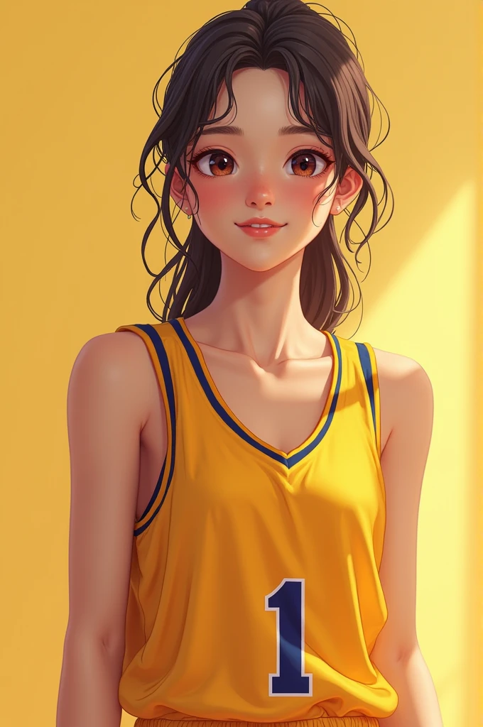 gadis SMA, beautiful, tiny, wearing a basketball jersey with number 1