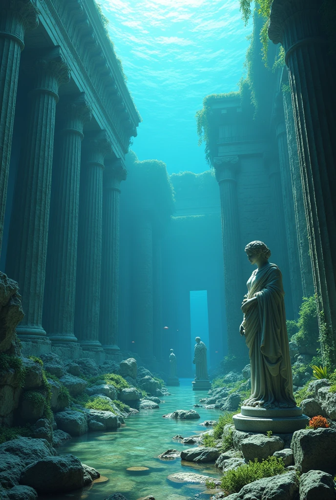 3D view, Atlantis, underwater world, broken ancient Greek temple, broken statues of Greek gods