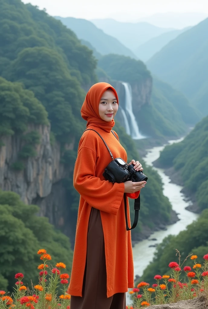 beautiful Korean girl, smooth white skin, well-groomed face, faint smile, hijab (red-orange), knitted clothes (orange-red), brown cropped pants, cool black watch, posing standing while holding a camera, at the top of a very high mountain, with very beautiful scenery details, under the clear blue sky, the background from above is a river flowing rapidly from a waterfall.. Trees, green and wide rice fields, cliffs covered with beautiful flowers blooming in various colors