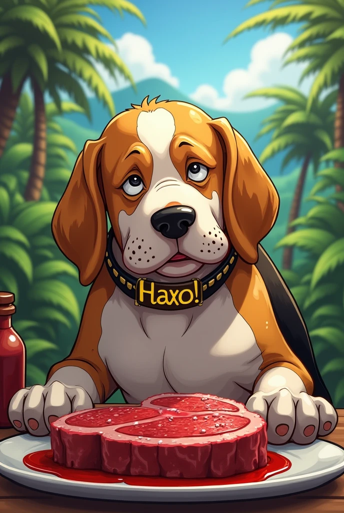 Un vieux gros beagle qui mange un steak. Avec un collier écrit haxo. En personnage de one piece.