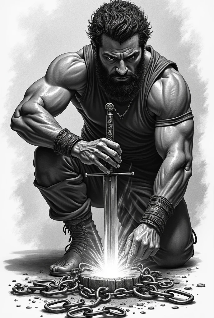 Create a black and white pointillism tattoo of a blacksmith forging a sword in a forge with broken chains at his feet.  In pointillism 