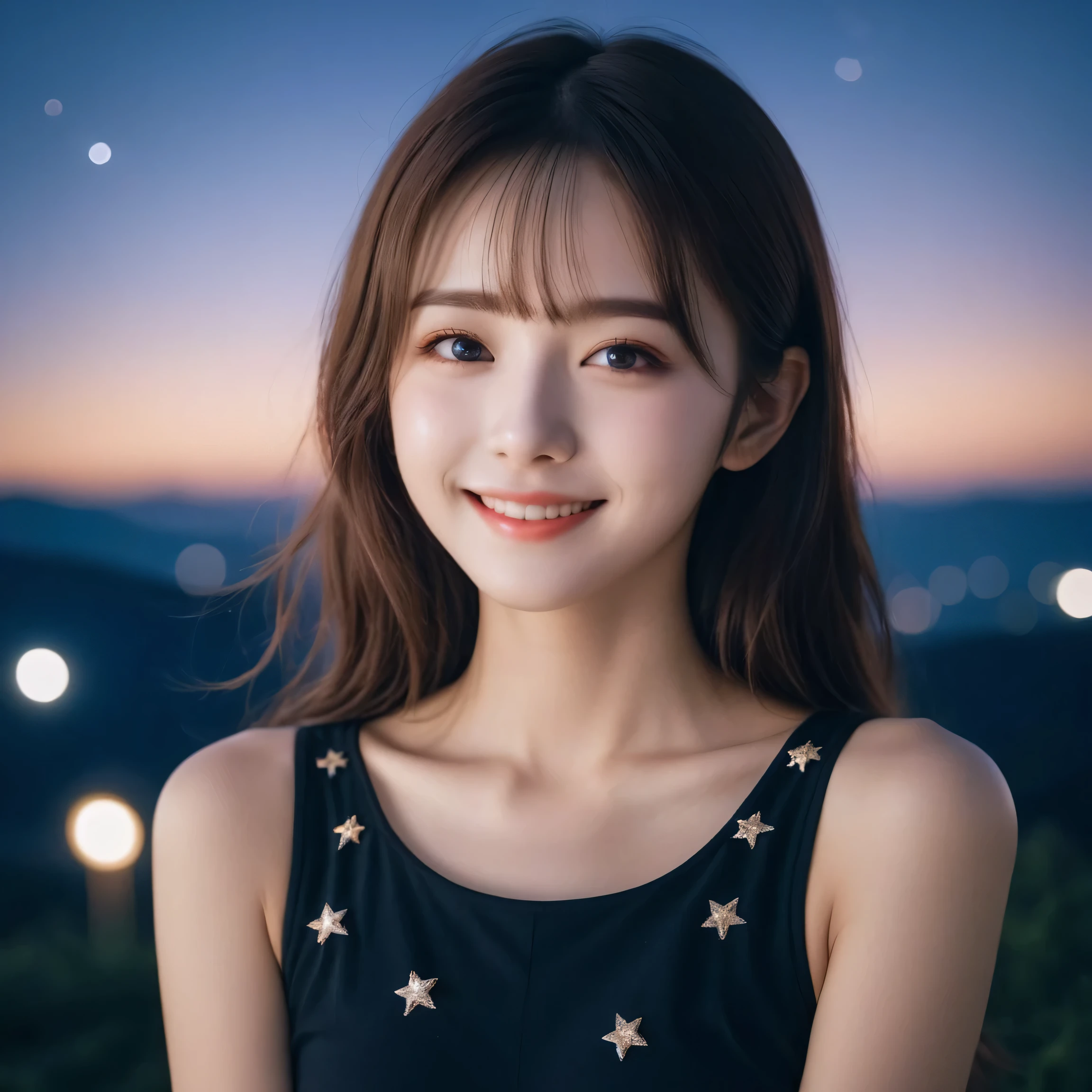 1 girl, Starry Sky,night, shooting star,Upper Body,close,smile,, (8k, RAW Photos, Highest quality, masterpiece:1.2),(Realistic, photo-Realistic:1.37),