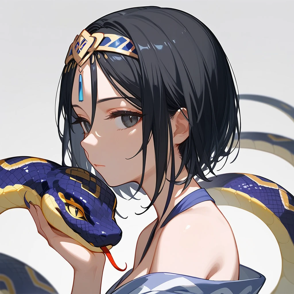 ,1 girl,Girl wrapped around a snake,Black Hair、iris,,Off-the-shoulder kimono,beautiful_face,Snake Maiden、Expressionless、Black snake motif、turn around、Black ribbon around neck、Kimono with snake scale pattern、With the snake、Solo Illustration、short hair、Make a fox with one hand