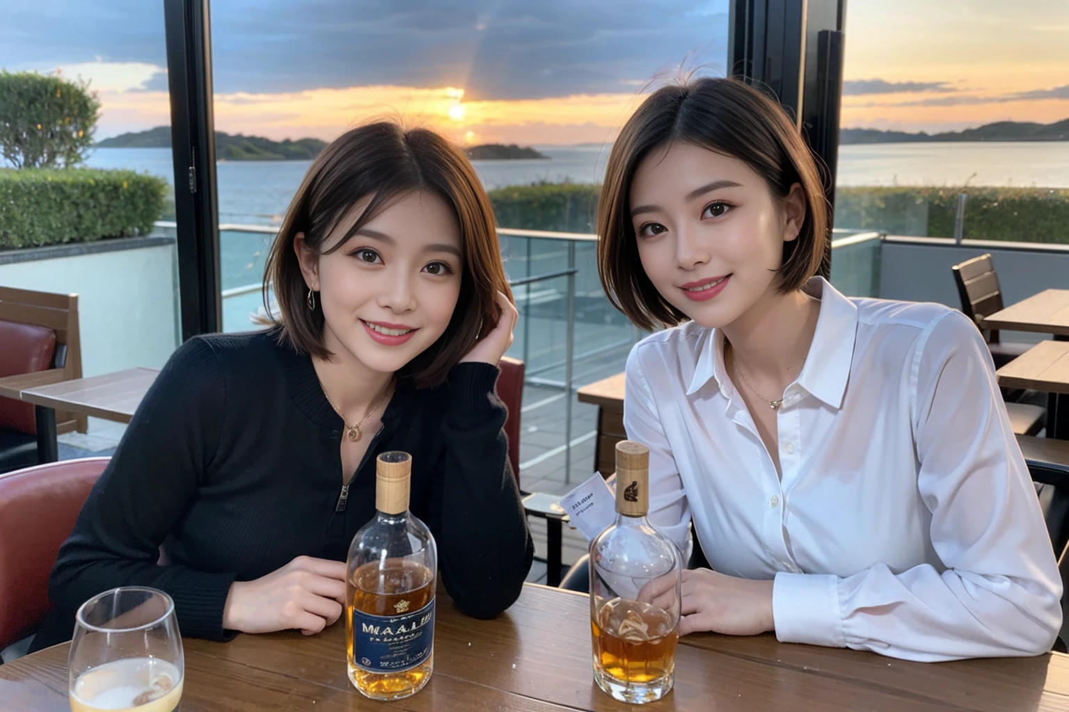 ((Highest quality、8k、masterpiece:1.3))、Whiskey bottles、The Macallan、Joni Black、Old Parr、whiskey、Suntory、Nikka、Slim Couple、modelカップル、(Realistic, Intricate details:1.2), full-course dinner、Whiskey bottle and glass on the table、Single Malt、scotch、Rocks glass、Shot Glass、On the rock、Scotland、Amazing view of the sunset sky and clouds、A bright smile、short hair,Bright Face、 (Age 37), 3,Two beauties、Brown Hair、Shortcuts、Long sleeve shirt、dress、restaurant, Nova Frog Style, actress, model, Upper Body, 