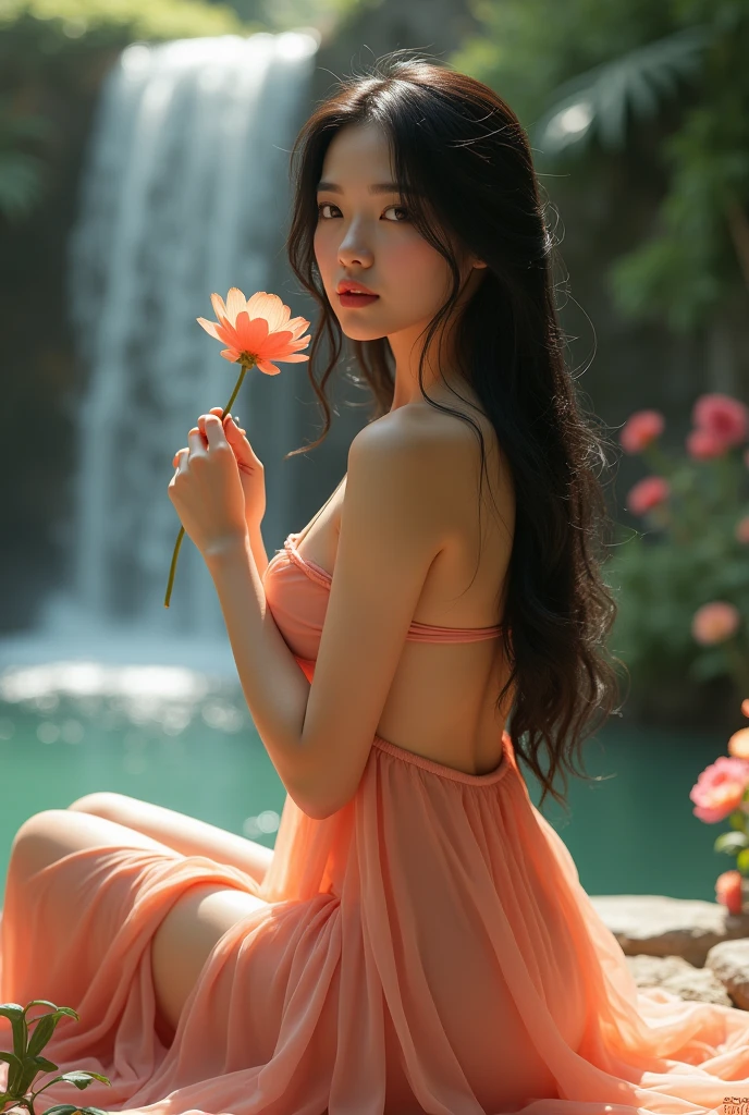 ((The Peeping Tom's Perspective)) A beautiful asian and young girl.Her facial features are exquisite and fully conform to the golden ratio of human anatomy...Her long, black hair, Big breasts, huge chest, fat body, thick women, beautiful scenery, big breasts, big breasts, big tits, busty , big breast, big , wearing a beautiful sexy peach maxi dress, sitting at the flower garden, waterfall, sexy pose , holding a flower in her hands, enjoying her time, smelling the flowers , big breasts