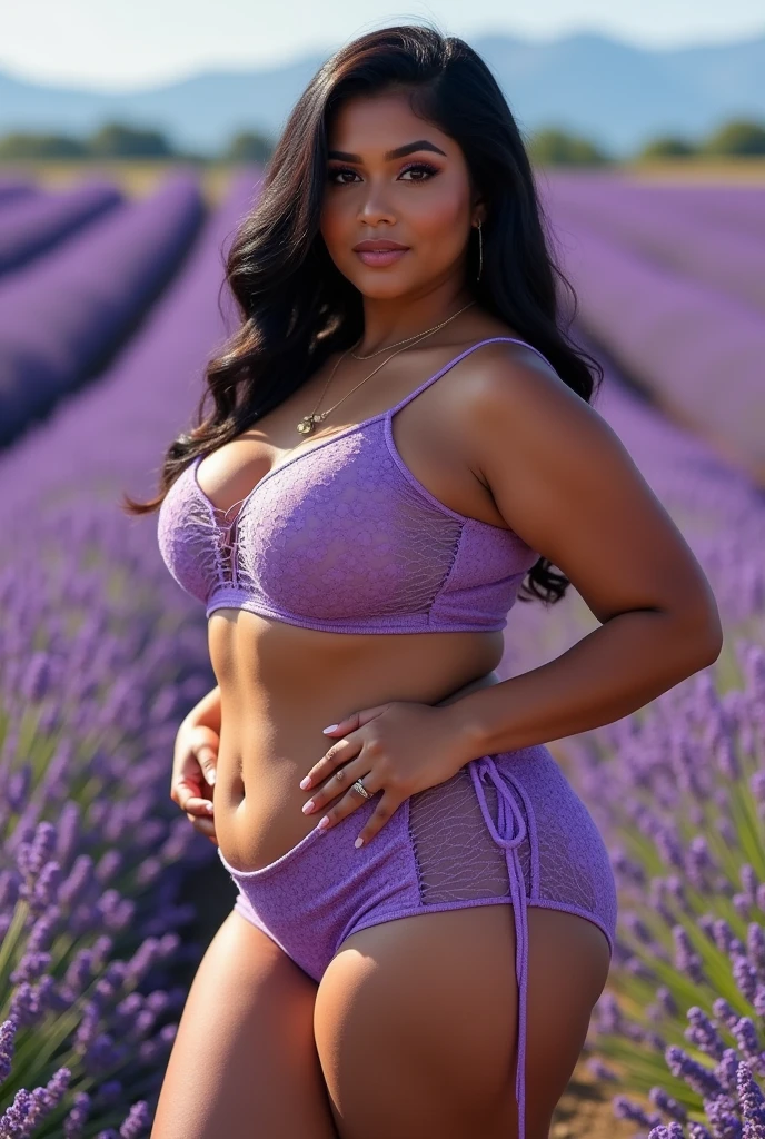 Radhika marchent Indian beautiful woman curvy plus size hour glass bulky huge figure woman, closeup camera view, big huge m-cup breast, wearing SHEIN Teen Girl Letter Graphic Cami Top & Shorts & Mesh Top Color: Multicolor , covered Bust , elegant standing position, eye contact view, different style hairstyle, bright eyes, thin eyebrows, fair skin, blushing cheeks, prefect head to toe view, full body, ideal for high-fashion or editorial shoots, ultra realistic skin texture, head to toe view, full body shot, full body view, smile face, black hair, Indian face, perfect skin tone light, ultra realistic skin texture, bigger waist, busty, big hips, fleshy thighs, thick thighs, busty, full body view, Lavender Field: Endless rows of fragrant lavender flowers.