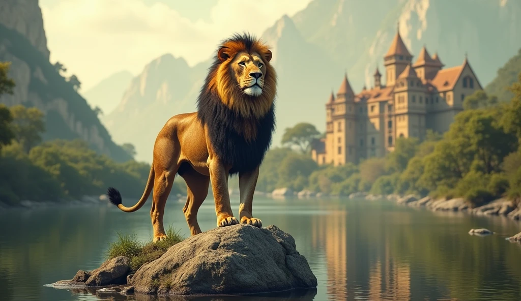 A brave lion standing on a rock wearing white and black suit watching his palace peaceful background beautiful place.￼