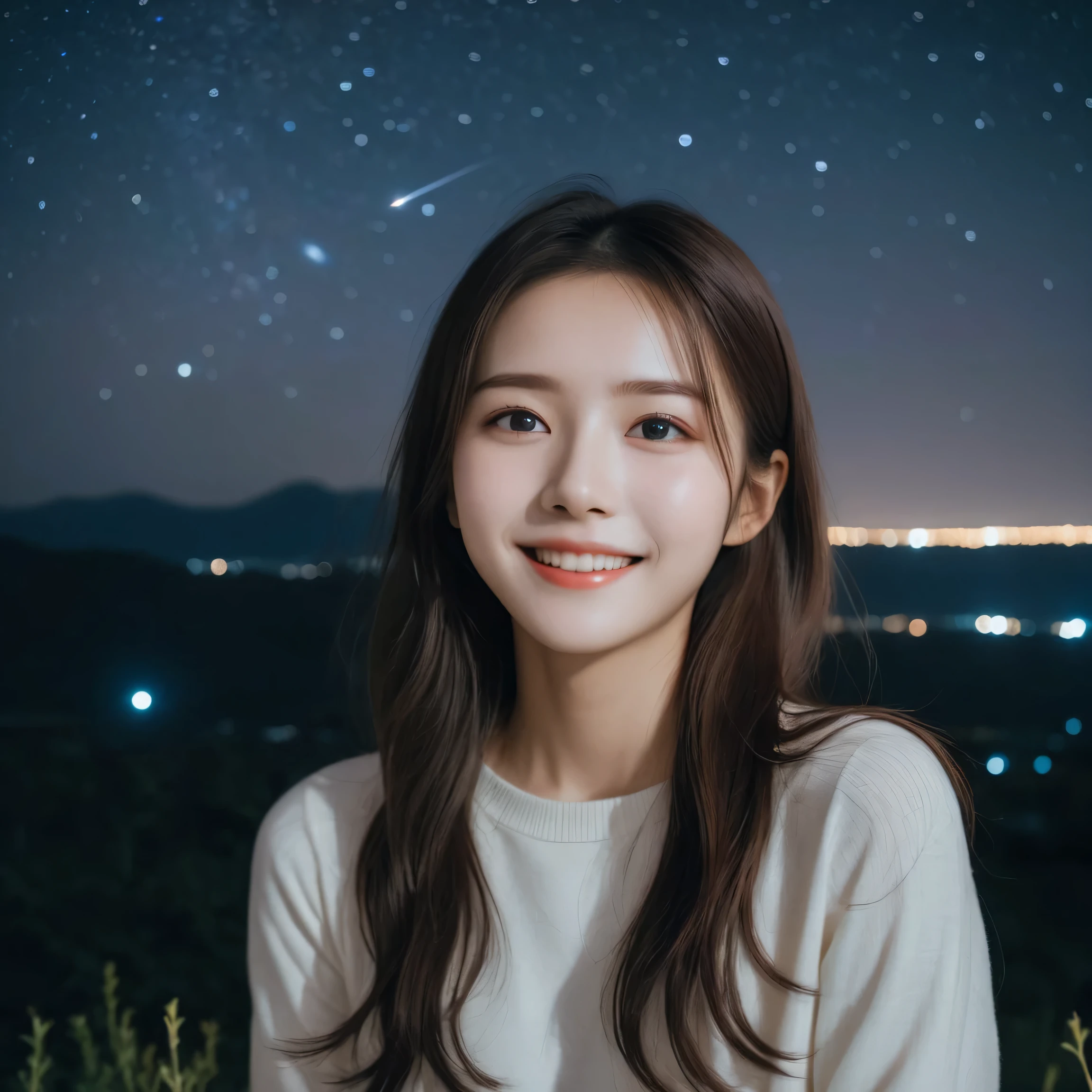 1 girl, Starry Sky,night, shooting star,Upper Body,close,smile,, (8k, RAW Photos, Highest quality, masterpiece:1.2),(Realistic, photo-Realistic:1.37),