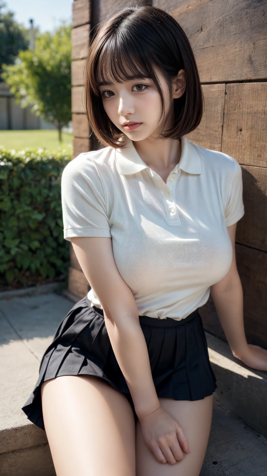 masterpiece, best quality, illustration, Super detailed, fine details, High resolution, 8K,wall paper, perfect dynamic composition,(Details High quality, realistic depiction of eyes:1.3),,polo shirt, pleated skirt, tanding、large breasts,short bob hair, black hair color, Big Natural Color Lip, bold sexy pose, crying a little、20 year old girl、cute type、beautiful legs, hposing Gravure Idol