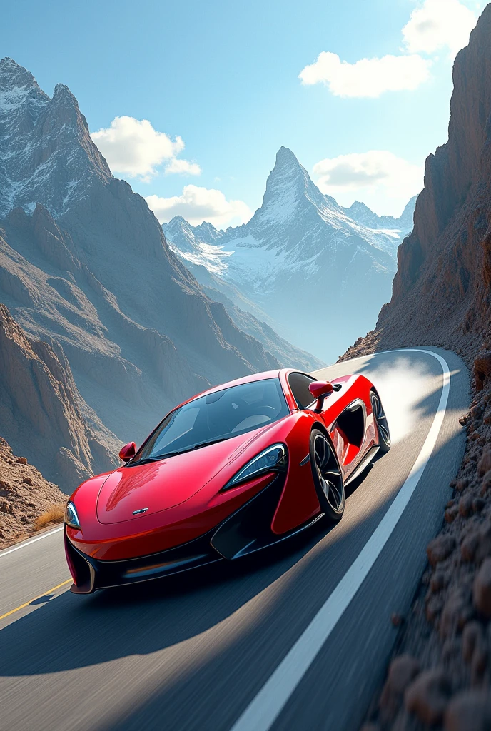 A red car going up a mountain
