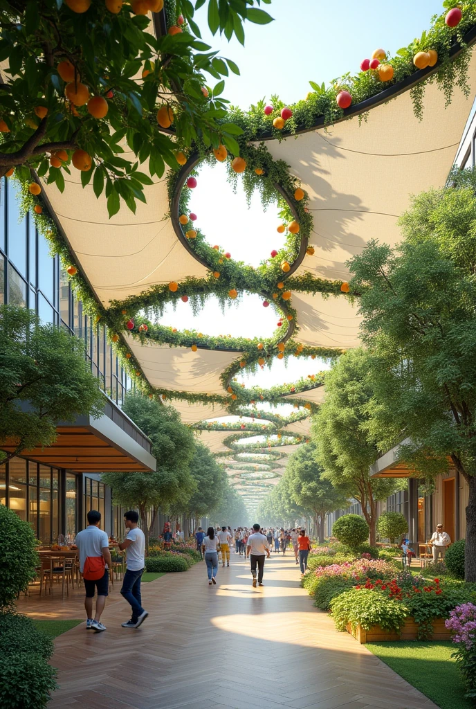 Create an image of the International Tech Park in Bangalore in India. It should be decorated by vegetal canopies made by Green Shades from Spain. The vegetal canopy is vegetation of fruits and flowers on a floating white cloth. The canopies provide shade for people and regulate temperature.