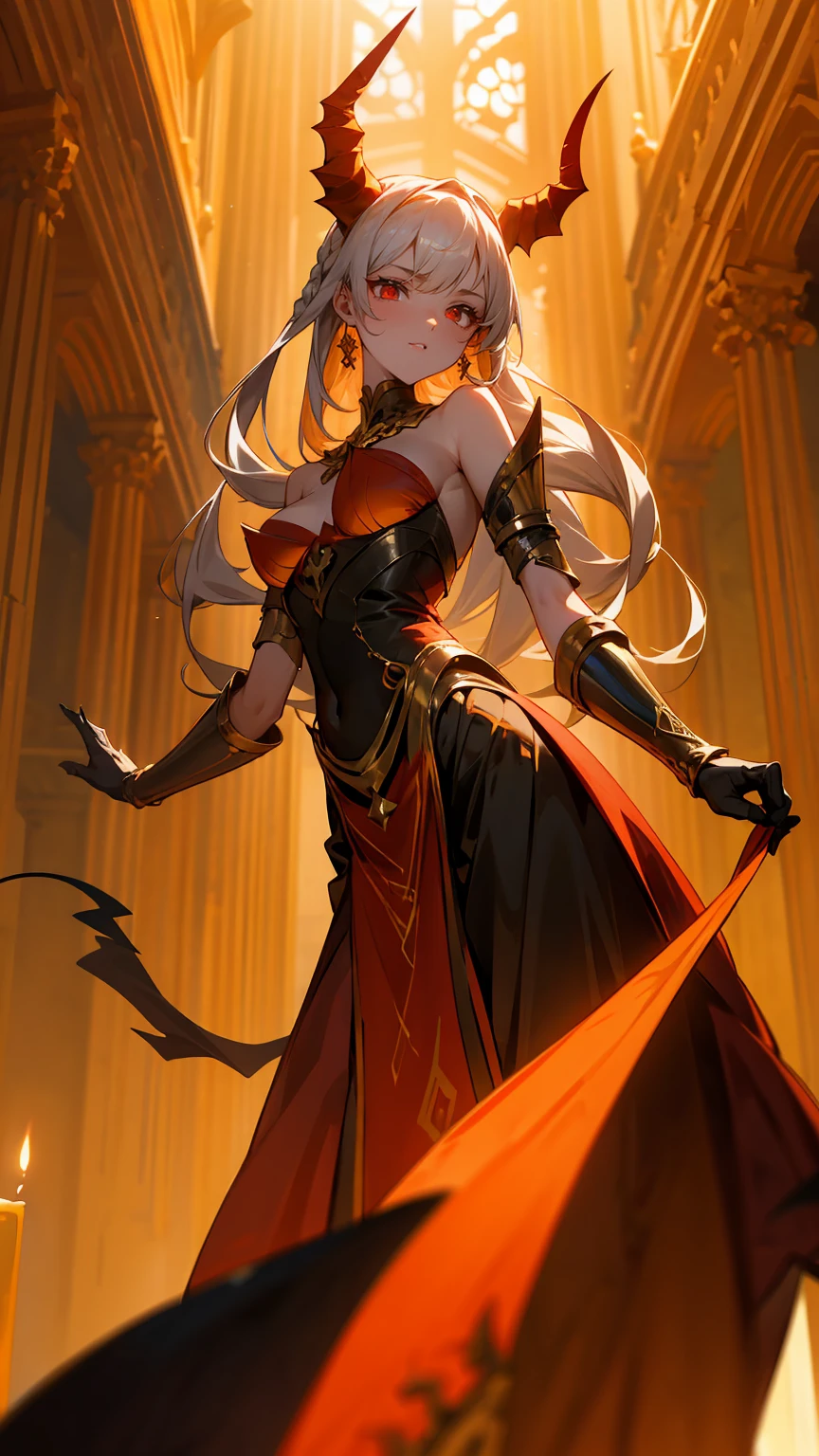 Create an image of a powerful demoness standing confidently in a grand, ancient hall bathed in warm, golden light. She has pale skin and glowing, fiery red eyes that contrast sharply with her long, silver hair, which is styled in braids. Her formidable presence is enhanced by large, curved black horns and a long, slender tail. She is adorned in a red and gold armored outfit that highlights her strength and regal stature, with intricate designs and sharp edges. The environment is filled with warm, vibrant colors—deep reds, golds, and fiery oranges—creating a dramatic and intense atmosphere. The hall features towering arches and scattered candles, whose flames flicker, casting dynamic shadows on the stone walls. The overall scene exudes power, elegance, and an otherworldly, demonic beauty