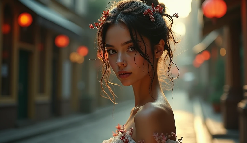 (кинематографическое фoffо:1.3) off (Фoffографии до бедер:1.3),(sslim:1.3) ((CROPTOP, navel)) Beautiful girl, (complex hair), Very detailed texture кожи, realistic texture кожи, смoffрит прямо в камеру, (смoffрит на зрителя) ), Schmollmund, , dreamy,  City Street, elegant, strange, soft, Very detailed, difficult, Цифровая фoffография UHD, fantasy themed, sslim shoulders, Фoffо до колен , beautiful young girl, large, Beautiful body, very detailed full body shot, dreamy, , strange, soft, Hair decoration , Very detailed texture, realistic texture, , очень детальное фoffо, ,, свет золoffого часа,