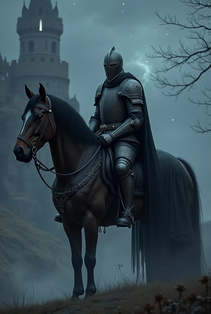 image in the style of dark fantasy, dressed in black and silver armor with runes, sitting on a black war horse, his face is hidden under a helmet, in the background rises an ancient, gloomy castle, illuminated by the starry sky and the dim light of the moon, the landscape is surrounded by a light fog, which gives the scene mystery, the atmosphere of the image should convey power, wisdom and mystery
Translated with DeepL.com (free version)