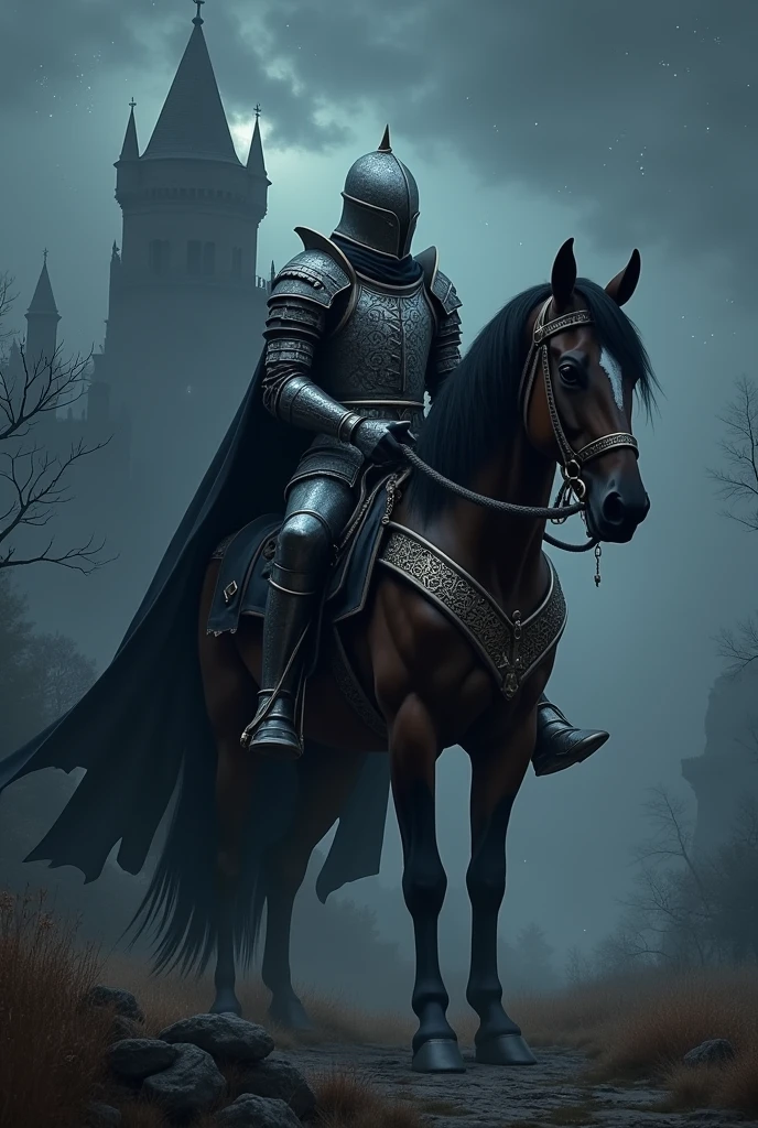 image in the style of dark fantasy, dressed in black and silver armor with runes, sitting on a black war horse, his face is hidden under a helmet, in the background rises an ancient, gloomy castle, illuminated by the starry sky and the dim light of the moon, the landscape is surrounded by a light fog, which gives the scene mystery, the atmosphere of the image should convey power, wisdom and mystery
Translated with DeepL.com (free version)