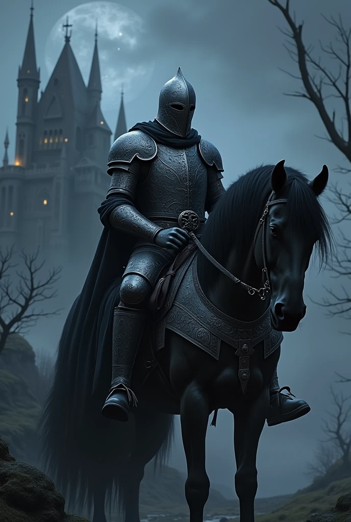 image in the style of dark fantasy, dressed in black and silver armor with runes, sitting on a black war horse, his face is hidden under a helmet, in the background rises an ancient, gloomy castle, illuminated by the starry sky and the dim light of the moon, the landscape is surrounded by a light fog, which gives the scene mystery, the atmosphere of the image should convey power, wisdom and mystery 

Translated with DeepL.com (free version)