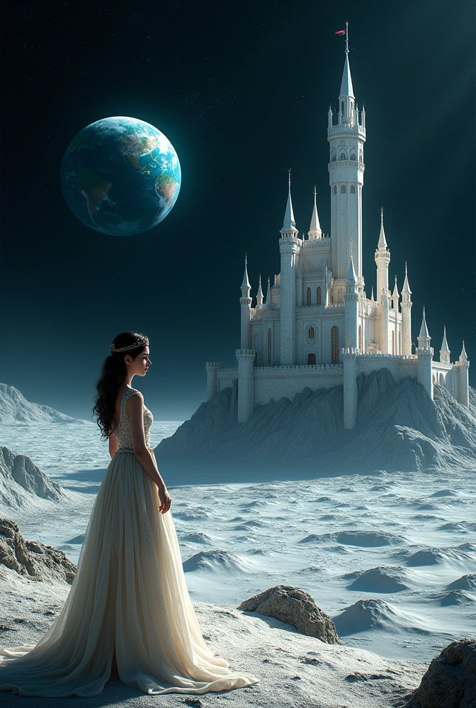 on the moon there is a castle and a princess looking back at the earth