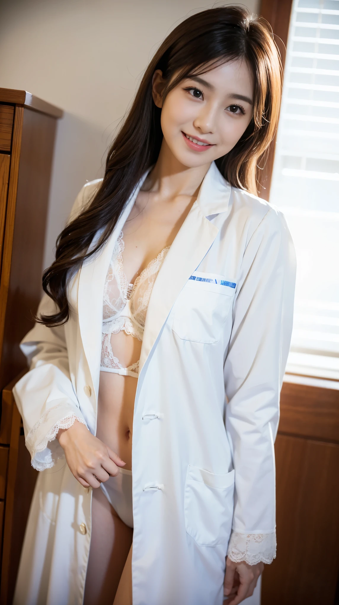 专业诊所的一位美丽的女doctor, (best quality, high resolution, very detailed), Wearing a neat white lab coat and form-fitting lace lingerie., He has a stethoscope around his neck., And a warm smile appeared on her face. doctor&#39;clear eyes, Your nose shape is perfect, and sweet lips. The clinic is brightly lit.，ample natural lighting, Equipped with state-of-the-art medical equipment and informative medical charts.. The color palette is bright and clean., Mainly white and sky blue. The lighting has been carefully balanced., Create comfort、Brightly lit environment. The overall style is realistic and factual.., with an artistic sense.