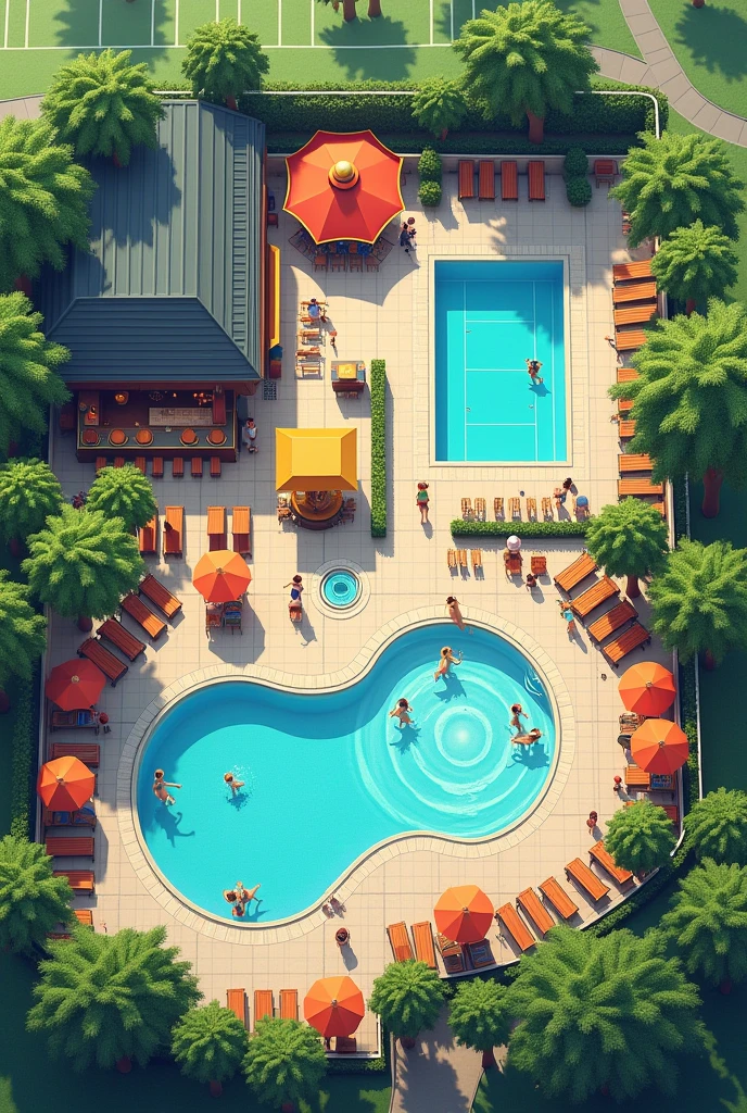 create a recreational area for a club, that has a swimming pool for children and adults, a bar, billiard room, Playground and tennis courts