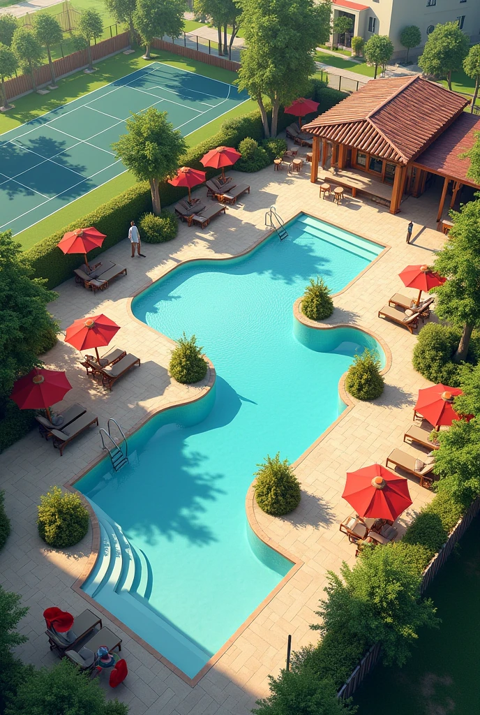 create a recreational area for a club, that has a swimming pool for children and adults, a bar, billiard room, Playground and tennis courts 