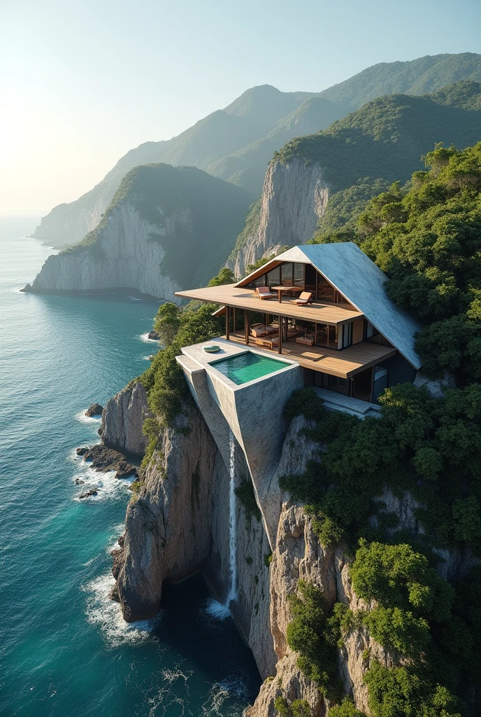 show me some ai generated pictures but with these set up imagination.
The house is more like taking place in a west Philippine sea but the house was placed on a cliff. The client who wants the house is a Geometric lawyer. Geometric means shape and the client wants to take advantage of the view of west Philippine sea and vistas which means far views. Then try to think of putting triangle roofs parag to serve slope for rainwater, to create artifical water fall and make the concept of design leverage just like archimedes. Also make the picture angel seeing almost the whole architecture of the house