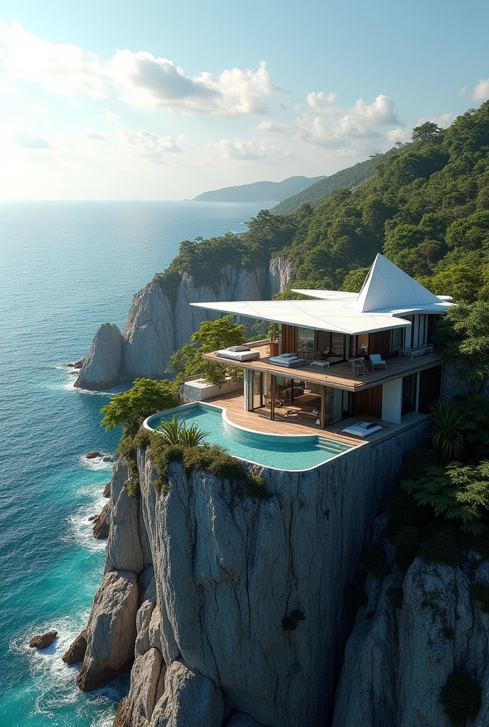 show me some ai generated pictures but with these set up imagination.
The house is more like taking place in a west Philippine sea but the house was placed on a cliff. The client who wants the house is a Geometric lawyer. Geometric means shape and the client wants to take advantage of the view of west Philippine sea and vistas which means far views. Then try to think of putting triangle roofs parag to serve slope for rainwater, to create artifical water fall and make the concept of design leverage just like archimedes. Also make the picture angel seeing almost the whole architecture of the house