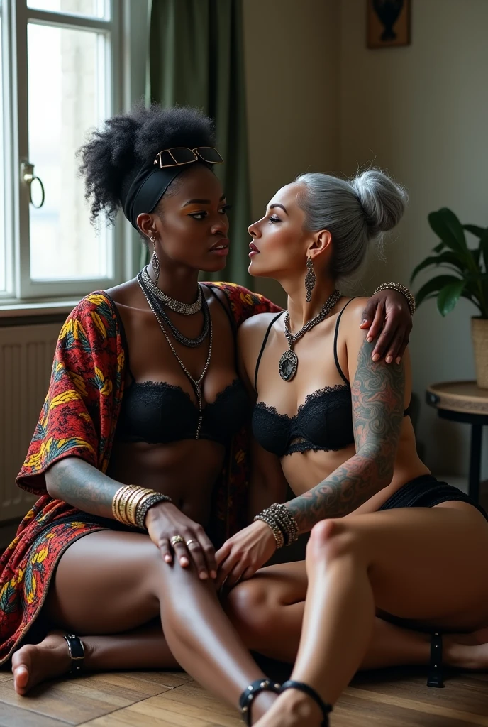 Three russian old milf women: the dominant dark skinned gipsy woman in afro hair and colourful african robes, squatting with possessive stance (arms around her two girlfriends' shoulders squishing them together). At her feet, sitting on the ground,her two caucasian girlfriends caressing each other's neck each: submissive and needy, feeling defeated, in laid back postures spreading her legs with hands touching their thongs, heads tilted and looking at each other with arched backs, wide open legs. different clothes but all wearing clothes in rock chic style. Black opaque stockings, grey hair (bouffant, top bun) and oversized square sunglasses as headbands. Big lips. Black lace push up bras, silicone breasts,, low rise black lace thongs. Barefoot.. Lots of thick wide studded bracelets, chain necklaces and big rings,. Long earrings with chains and feathers. Chains around their hips. Lounging lazily on the ground with bended knees, separated legs and arched backs. Lazy, leaning back, laid back pose, separated legs. Neck, chest, stomach, feet, hands, arms and wrists heavily tattoed. Toned abdominals, thin neck, slim legs and thin arms. Narrow hips. Both, open legs. Full body. Luxury luminous apartment decorated in Scandinavian style in NYC