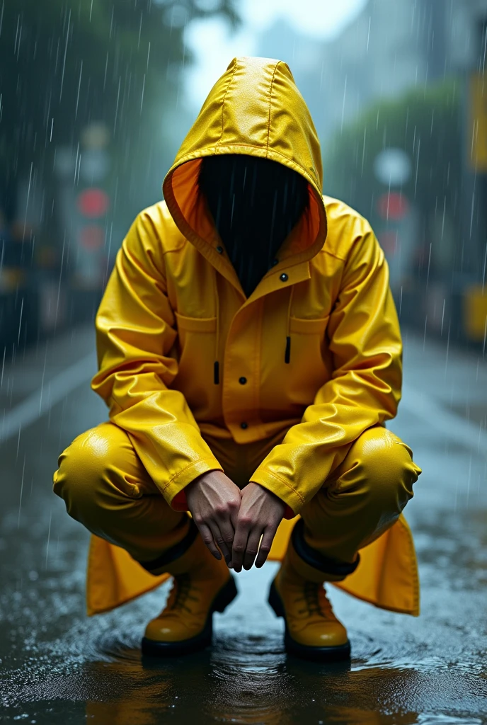 ,Please wear a yellow hooded raincoat,Full body POV,Half kneeling position,Boots、Standing in the heavy rain,Emphasize the texture of a raincoat or gelcoat,Accentuates the translucent texture of the raincoat